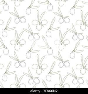 Scattered olive twigs with fruits Seamless pattern Modern engraving style Botanical olive Backdrop. Vector illustration Restaurant menu background, food packaging, label, wallpaper, branding or fabric Stock Vector