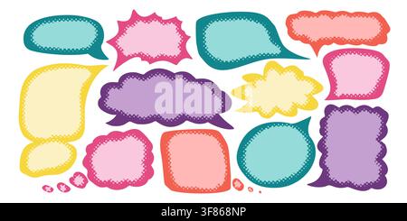 Speech bubble colorful vector set with pastel shapes. Isolated cartoon background with cute doodle element and text frame. Ideal for communication template design. Great for chat and comic graphics. Stock Vector