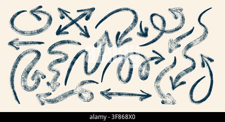 Arrow vector set in vintage comic style. Hand drawn icon shape with brush texture and sketchy doodle line art. Ideal for web graphic design. Perfect for handwritten poster or scribble background. Stock Vector
