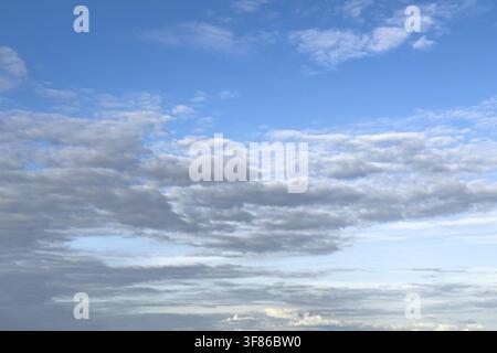 An elongated field of slightly greyish-grey cumulus clouds (Cumulus radiatus, Cu ra), colloquially known as a 'cloud street', in the top right, high Stock Photo