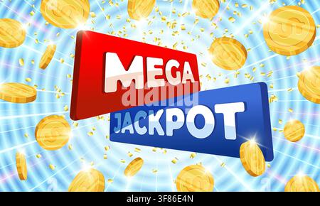 3D red and blue mega jackpot casino text effect vector. Gold coins premium Vegas gambling slot game background design. Lucky big win light bulb marquee typography poster template. Stock Vector