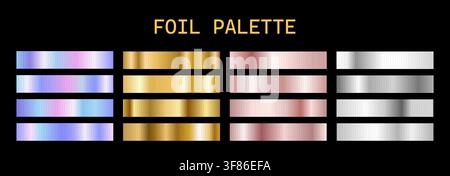 Iridescent gradient swatches. Shiny gold and silk metal on dark background. Metallic Foil Palette or swatch degrade. Vector illustration Stock Vector