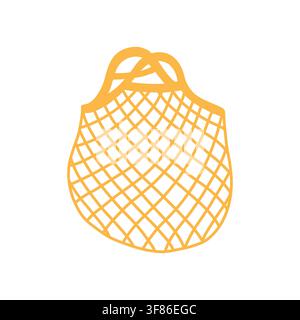 Yellow woven mesh net bag for eco-friendly shopping and beach errands. Flat reusable market tote bag vector illustration isolated on white background Stock Vector