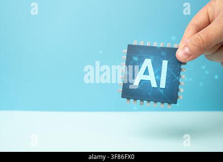AI chip representing new artificial intelligence technologies and digital innovation. Machine learning tools, semiconductor development and future computing systems. - Photomontage Stock Photo