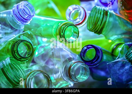 Empty colored drink bottles. Recyclable plastic waste. Stock Photo