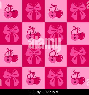 Pink Cherry and Bow Checkerboard Pattern Stock Vector