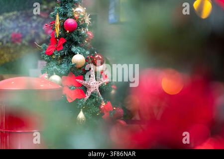 Christmas tree decorated with ornaments. Soft focus. Holiday season concept. Stock Photo