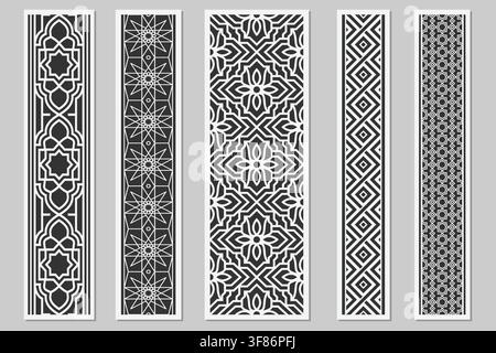 Geometric patterns collection featuring five distinct vertical panels for diverse decorative applications and design projects Stock Vector