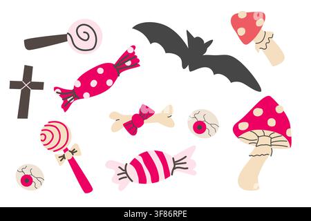 Cute halloween candy sweets and lollipop with bow, bone and mushroom. Cartoon flat illustration isolated on white. Stock Vector