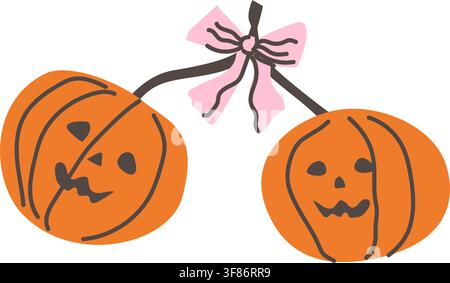 Cute coquette pumpkins with girly elements. Orange pumpkins with bows, jack o lantern with knot. Cartoon flat illustration isolated. Stock Vector
