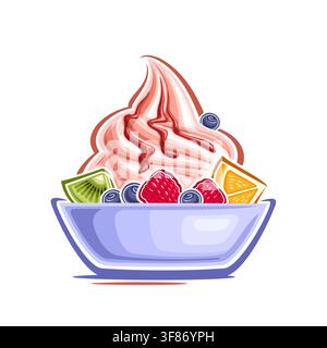 Vector Frozen Yogurt, decorative label with illustration of spiral strawberry ice cream with fresh fruits in blue dish on white background Stock Vector