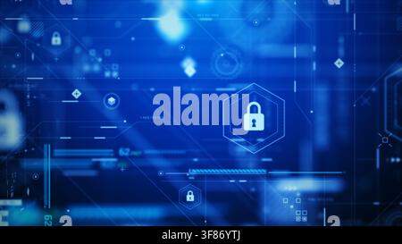 3D rendering cyber security HUD scene with layered digital locks, flowing data lines and futuristic network panels, designed for high-tech visuals, AI Stock Photo