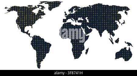 gold on blue typographic terrain world map with binary code and text characters filling continental shapes for modern wall art decor poster decor Stock Vector