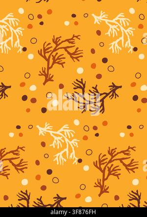 Color organic seamless poster with white orange and brown corals on yellow bg. Stock Vector