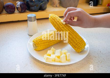 Adding a pinch of salt from a glass shaker onto freshly cooked yellow sweetcorn cobs served with diced butter on a plate, cozy kitchen routine Stock Photo