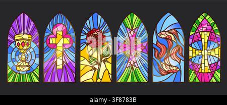 Gothic church windows set with ornate frames isolated on black background. Vector realistic illustration, medieval cathedral architecture with stained glass, vintage religious patterns, classic arches Stock Vector
