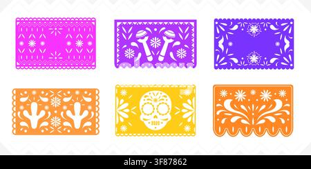 Set of Mexican papel picado patterns on white background. Vector illustration of colorful paper cut design, traditional fiesta frame borders with floral folk art and skull motifs, Day of Dead elements Stock Vector