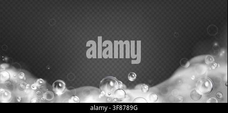 Realistic frame with soap bubbles and foam on transparent background. Vector illustration of soapy border and bath steam texture, cleaning or laundry detergent, water splash with shampoo effect Stock Vector