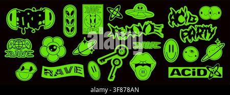 Y2K rave sticker set with trippy acid shapes isolated on black background. Vector illustration of psychedelic neon green emoji, flower, planet, mouth stamps for party designs and cool urban graphics Stock Vector