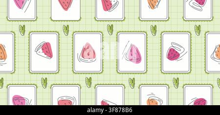 Seamless patchwork pattern with coquette fruit motifs. Vector illustration of abstract doodle strawberries, watermelon and hearts in pink frames, cute summer textile, girly plaid design on background Stock Vector