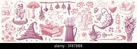 Witchcraft apothecary collection of potion bottles and herbs. Vector sketch illustration of vintage witch hat, flowers, mushrooms, poison tubes, hand with wand, engraved magic items, Halloween poster Stock Vector