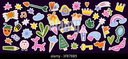 Colorful crayon stickers with pastel icons isolated on black background. Vector cartoon illustration of playful heart, star, rainbow, crown, strawberry, gift box patches for children art banner Stock Vector