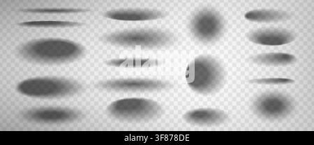 3d realistic shadow effects for round and oval objects isolated on transparent background. Vector illustration of drop shadows with soft edges, dark grey spots on flat surface Stock Vector