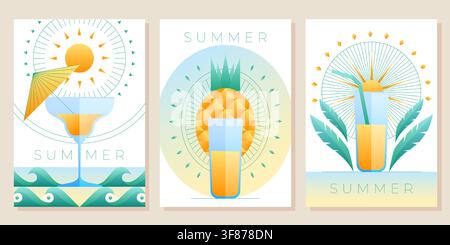 Geometric summer poster with tropical cocktail, juice glass, beach sunset background, sea waves and abstract palm leaves design. Modern bar menu set, party flyers with flat shapes, vacation line art Stock Vector