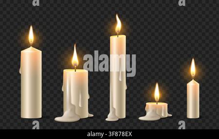 3d realistic set of melting burning candles isolated on transparent background. Vector illustration of lit candlelight with flame and melted wax drips. Memorial, church or Halloween decoration designs Stock Vector