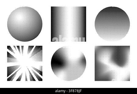 Set of square comic halftone patterns. Vector illustration of black dot gradient texture with smooth fade transition and pixel effects on white background, abstract backdrops for manga comic design Stock Vector