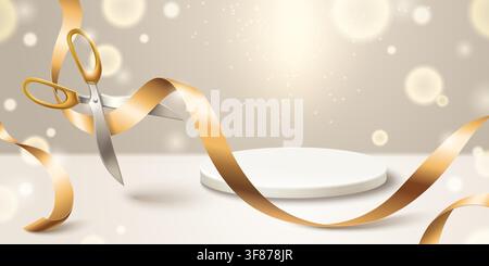 Elegant grand opening banner with round white podium and scissors cutting golden silk ribbon. Vector realistic background with luxury presentation platform, gold glitter and shimmering lights Stock Vector
