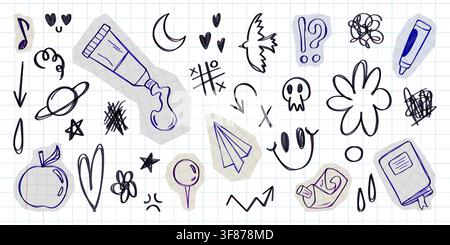 Hand drawn school doodle set isolated on notebook background. Vector realistic illustration of paper stickers with pen scribbles, paper plane, pin, apple, funny handwriting collage icons Stock Vector