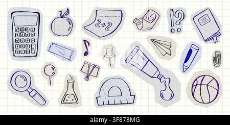 Hand drawn school doodle set isolated on notebook background. Vector realistic illustration of paper stickers with pen scribbles, paperclip, ball, calculator, apple and magnifyer collage icons Stock Vector
