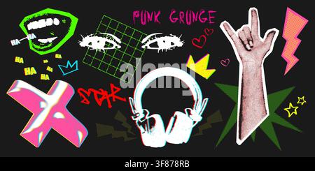 Retro halftone collage designs with grunge textures, vintage punk rock music elements. Y2k aesthetic vector doodle arts with distressed noisy effect, trendy grainy bitmap eyes, mouth and headphones Stock Vector
