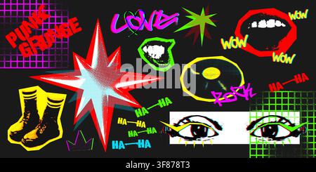 Retro halftone collage designs with grunge textures, vintage punk rock music elements. Y2k aesthetic vector doodle arts with distressed noisy effect, trendy grainy bitmap eyes, mouth and vinyl record Stock Vector