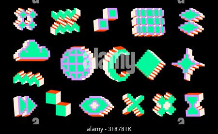 Retro pixel art icons, 3d acid color elements, y2k aesthetic stickers or game graphics on background. Digital 8 bit style vector characters of cloud, globe, arrow symbol, trendy brutalist designs Stock Vector