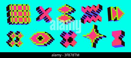 Retro pixel art icons, 3d acid color elements, y2k aesthetic stickers or game graphics on background. Digital 8 bit style vector characters of eye, arrow, star symbol, trendy brutalist designs Stock Vector