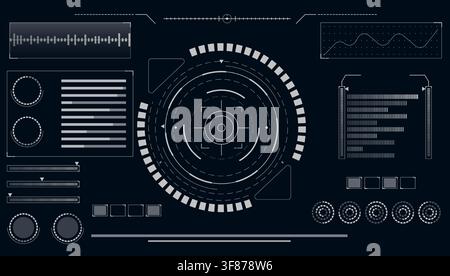 Realistic spaceship control dashboard ui with holographic tech frames, military targeting system, futuristic hud interface elements on black background, vector illustration of game panel design Stock Vector