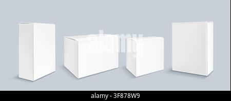 Realistic set of white carton boxes isolated on background. Vector illustration of blank 3d package mockup, rectangular cardboard pack with lid, template for beauty or medicine product presentation Stock Vector