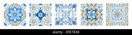 Greek mosaic tile set with abstract geometric and floral patterns in blue and yellow colors on white. Vector realistic illustration of Mediterranean ornamental motifs, Italian ceramic interior artwork Stock Vector