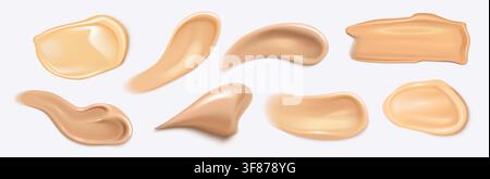 3d realistic foundation cream swatches with smooth texture, vector set isolated on white background. Beige cosmetic smears, makeup concealer strokes for beauty or skincare product design Stock Vector