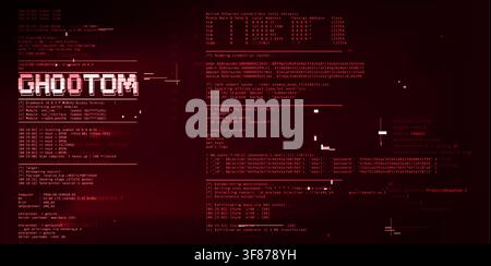 Programming code display with script elements and glitch effects on black background. Vector realistic illustration of red digital screen backdrop, software development, data structure lines Stock Vector