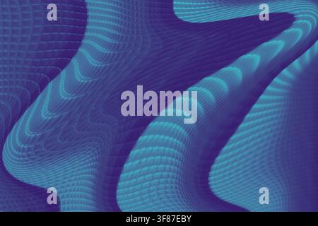 Futuristic digital backdrop featuring distorted mesh patterns and fluid wavy lines in deep blue and purple tones, perfect for modern tech concepts. Stock Photo