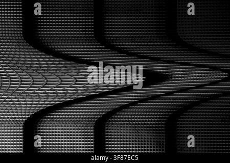 High-contrast monochrome abstract background featuring a distorted wavy metal grid pattern. Ideal for industrial tech, modern design, or futuristic te Stock Photo