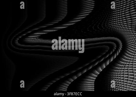 Sleek monochrome abstract featuring distorted mesh patterns and fluid wave effects. Ideal for industrial, technology, and luxury automotive design con Stock Photo