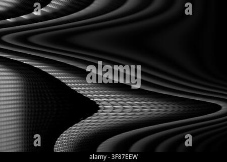 Monochromatic abstract render featuring sleek curved waves and a detailed mesh grid texture. High contrast design suitable for modern technology or ar Stock Photo
