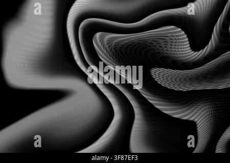 Elegant monochrome 3D render featuring fluid, wavy forms with a fine wireframe mesh texture. High contrast black and white design for technology backd Stock Photo