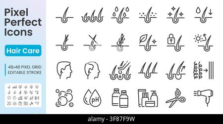 Hair loss line icon set. Shampoo, dandruff, split ends, growth, follicle, scalp treatment, salon product linear minimal vector illustration. Simple Stock Vector