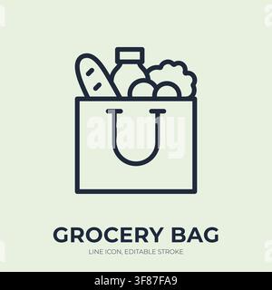 Grocery bag line icon. Food bank linear vector illustration. Thin sign of shopping order, healthy farm product, humanitarian aid donation web Stock Vector