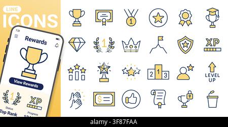 Award and recognition line icon set. Trophy, medal, crown, certificate, podium minimal vector illustrations. Simple outline signs for success and Stock Vector